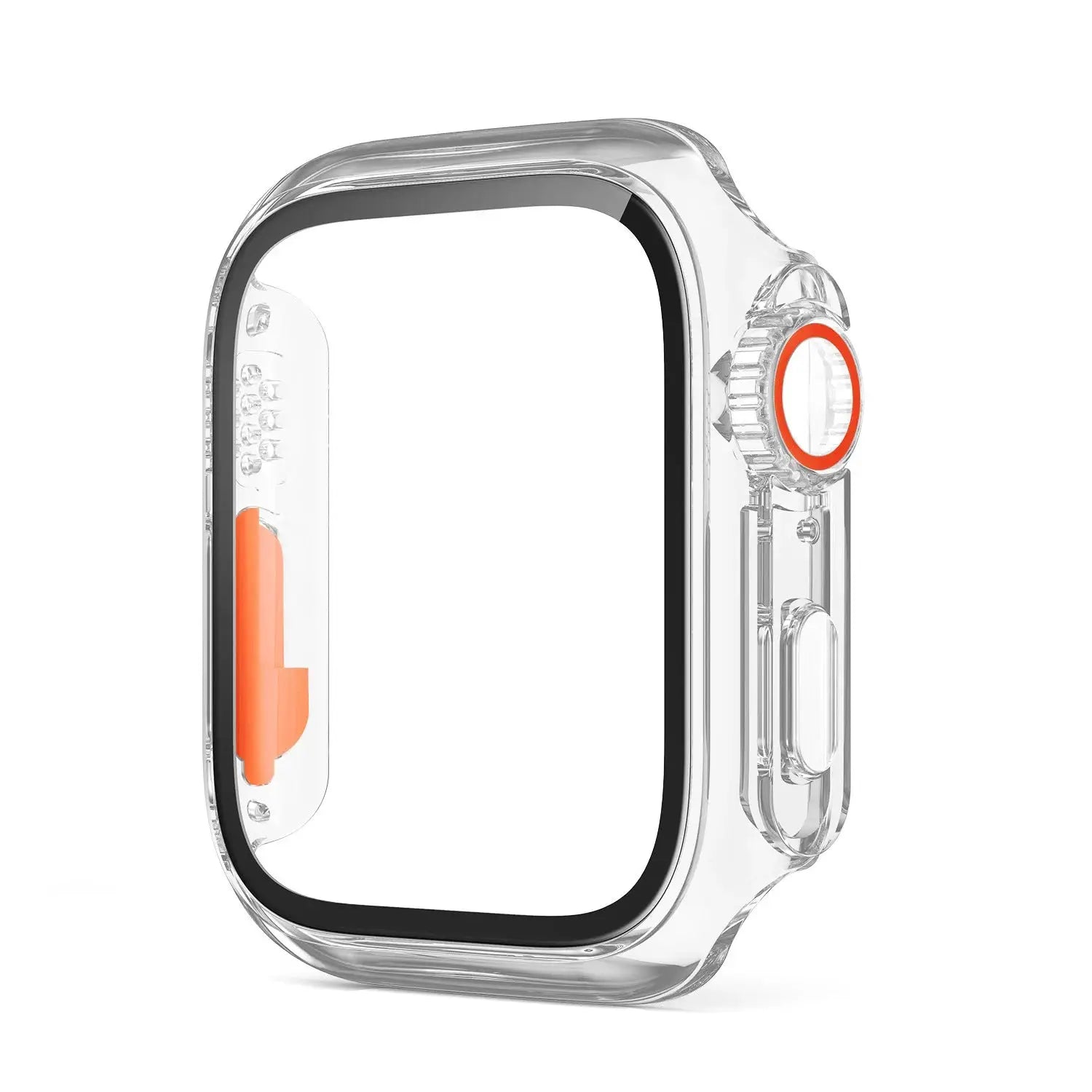 Clear Apple Watch bumper case with orange crown ring and glass screen protector