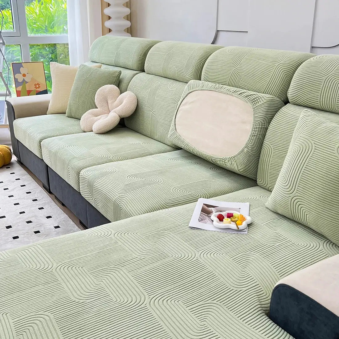 Sofa seat cushion covers in green jacquard, Simples Market thick-stretch removable washable furniture protector