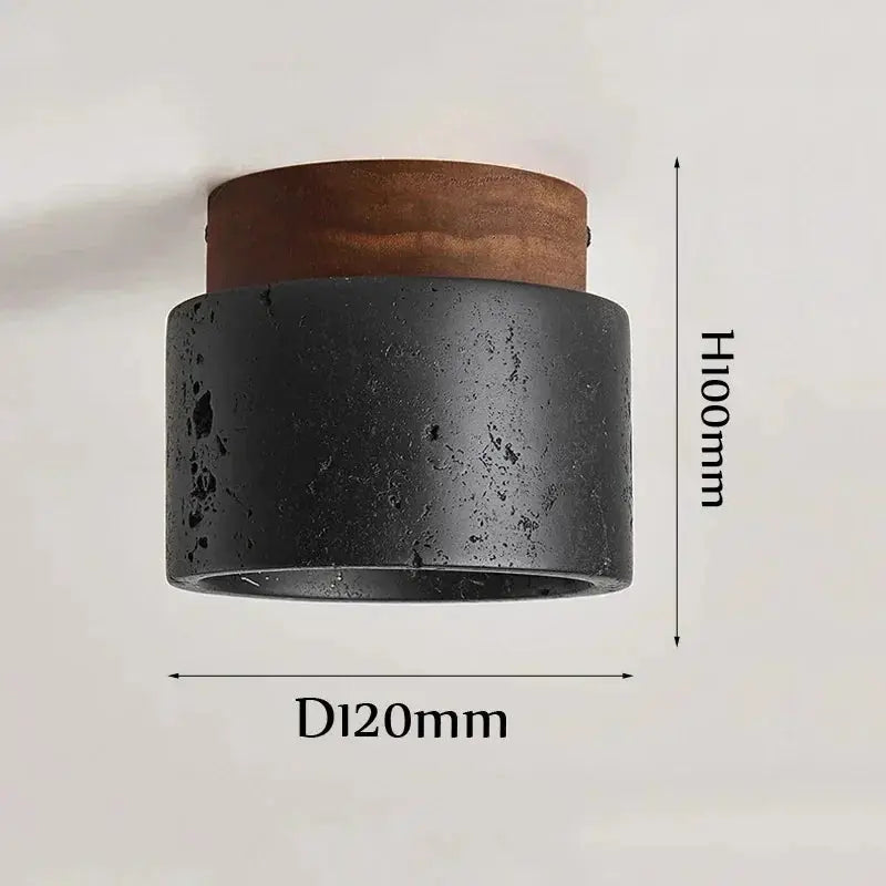 Ceiling lamp black metal shade with cave-stone texture and wood ring, 120mm dia, 100mm high
