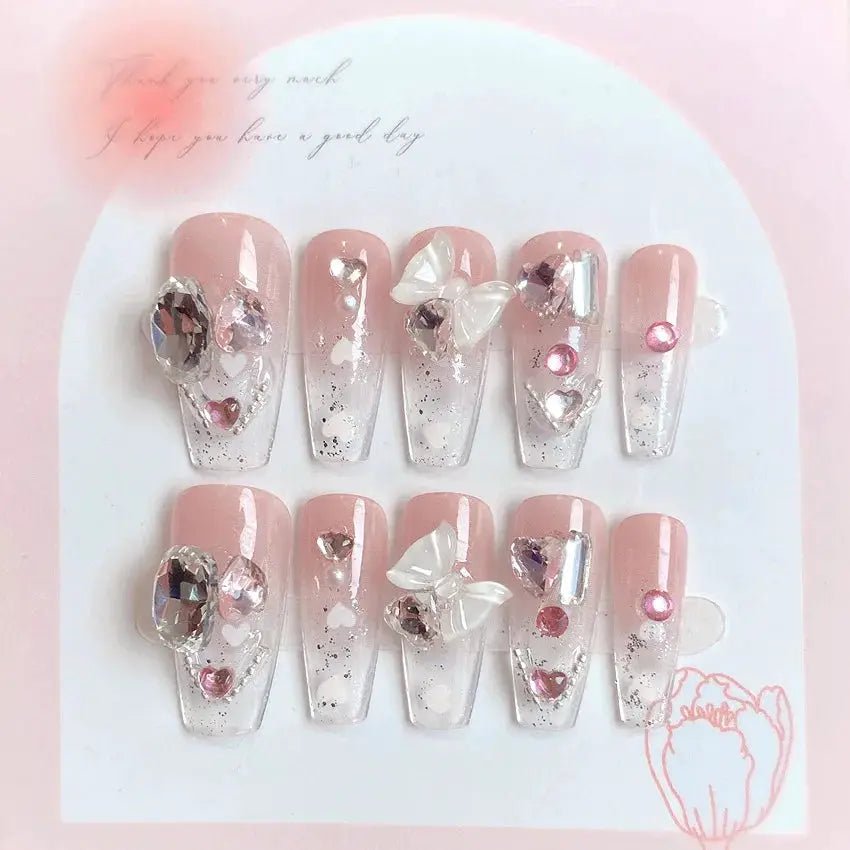 LuxeNail Blush Pink False Nails Bowknot Diamond Pearl Design Press On Nail Tips Harmless Smooth Edge Safe DIY Mani