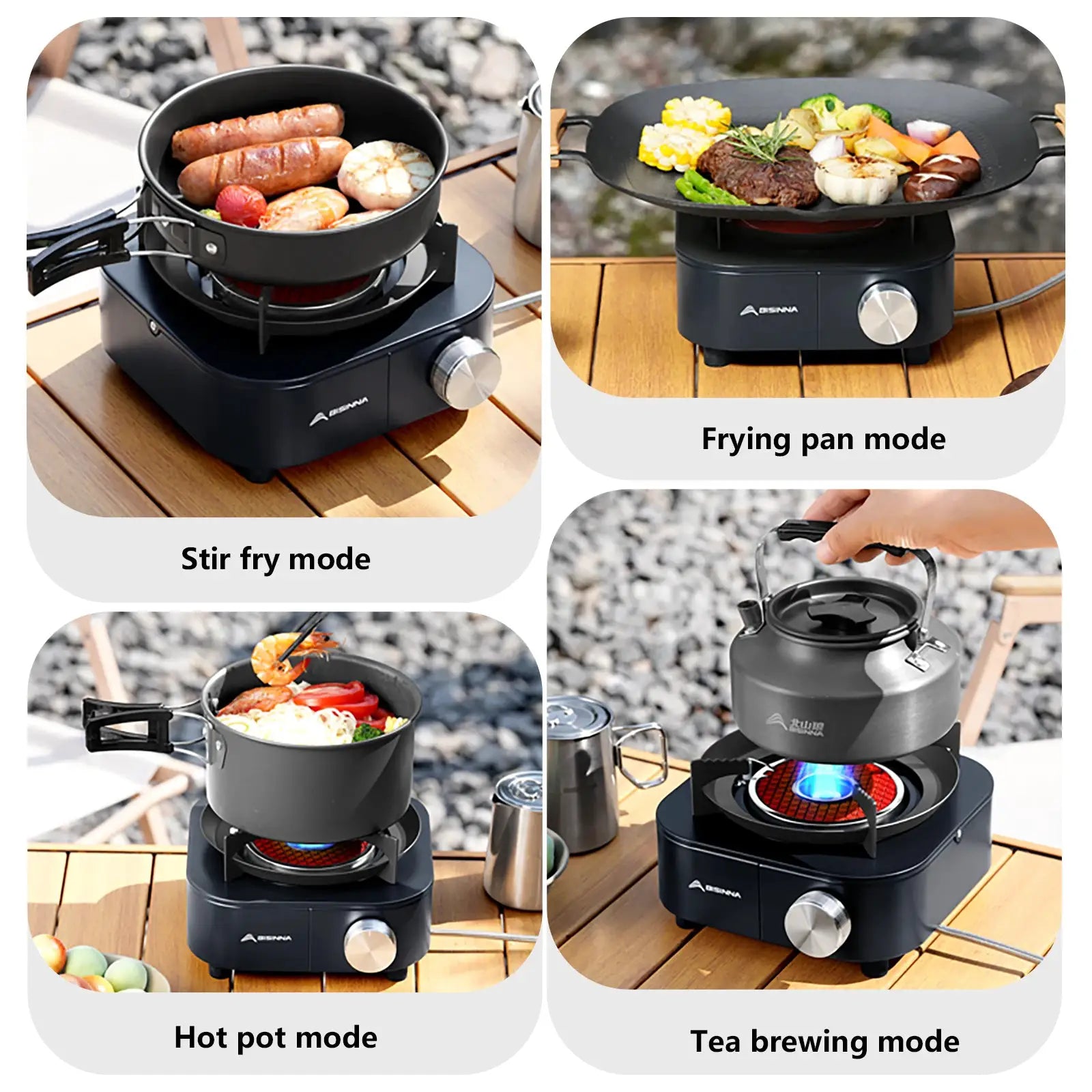 BISINNA 4000W portable gas stove, black compact burner with stir-fry, hot pot, frying pan and tea brewing modes.