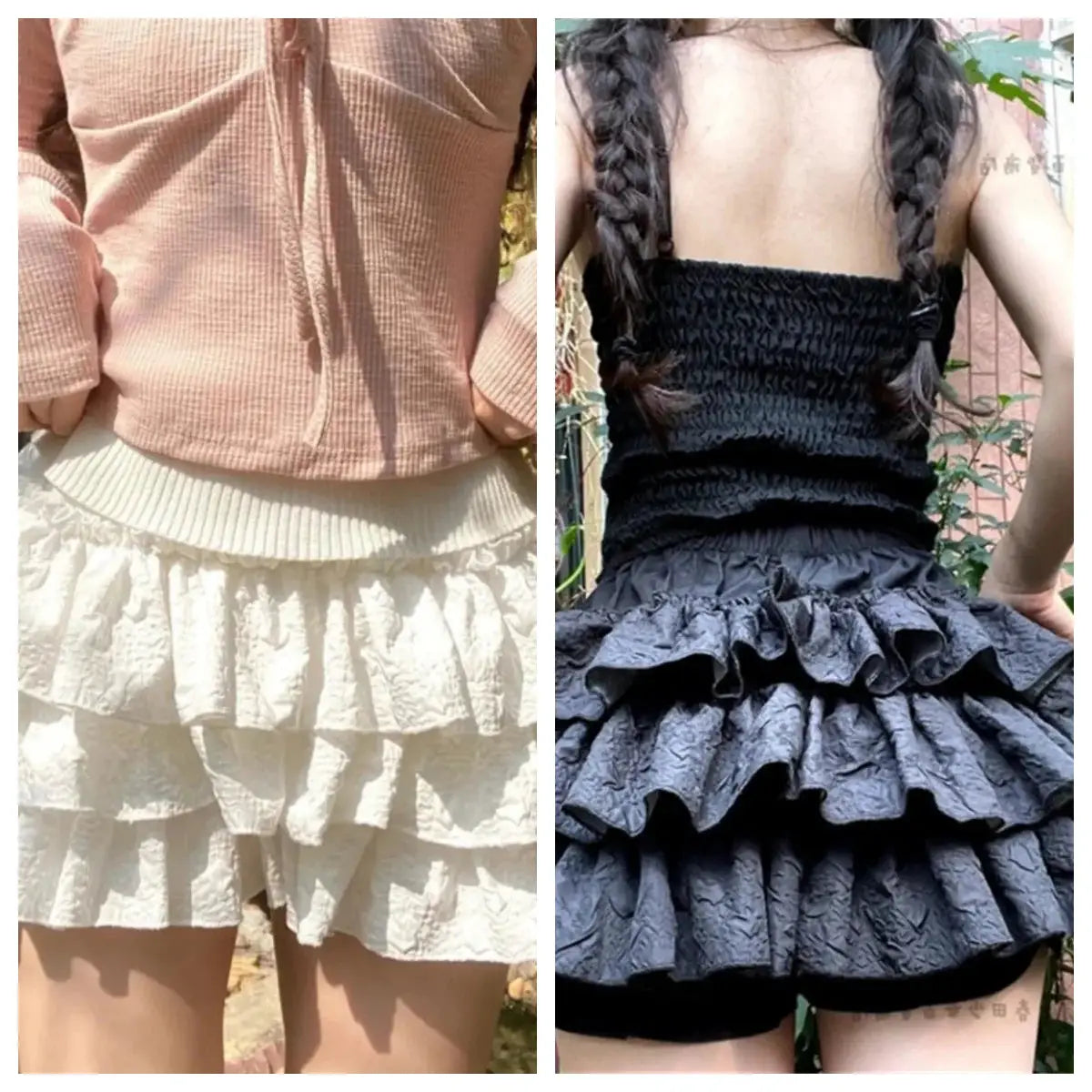 Two Simples Market Kawaii ball gown mini skirts in cream and black with layered ruffles and high-waist elastic waistband.