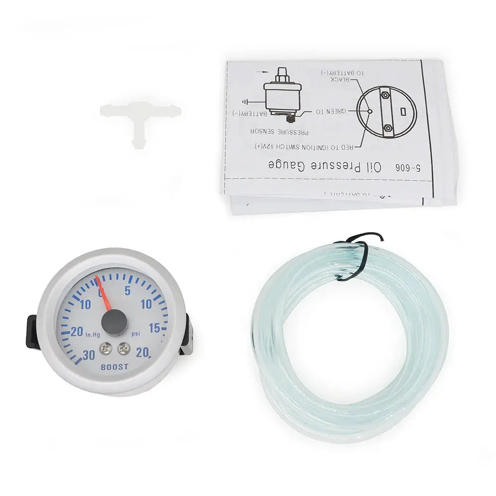 Dragon Gauge 2 LED car boost/oil-temp/tachometer gauge kit; white 52mm dial, blue numerals, red needle, tubing.