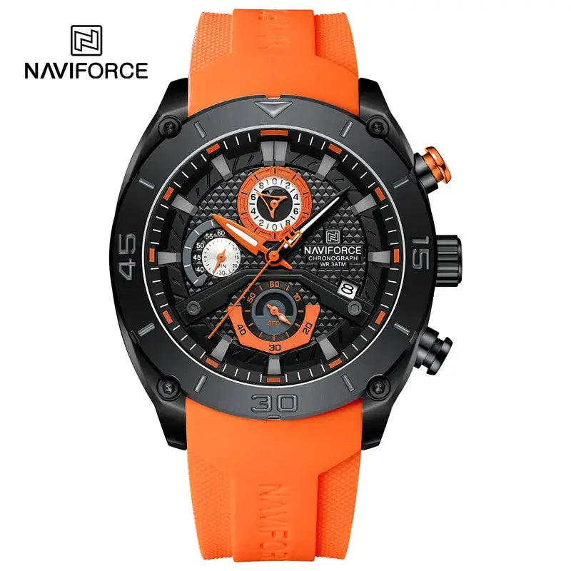 NAVIFORCE sport watch for men with orange silicone strap, black chronograph dial and orange accents