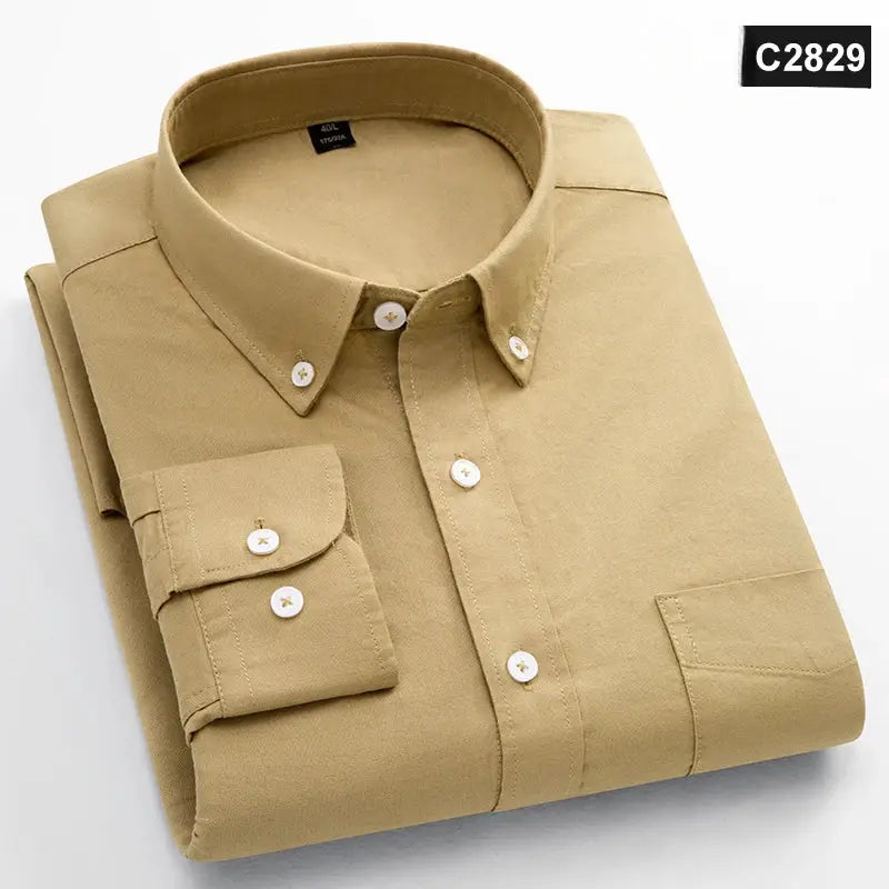 Men's khaki 100% cotton long-sleeve shirt, classic fit, single chest pocket, button-down collar.