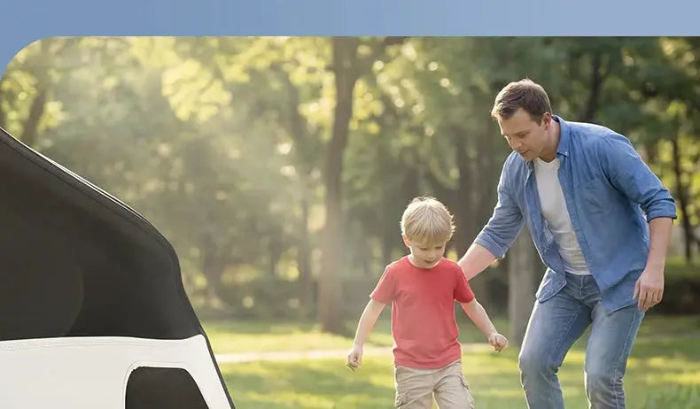 Trunk mats for Tesla Model Y by Simples Market; park scene with a man and child near a white car.