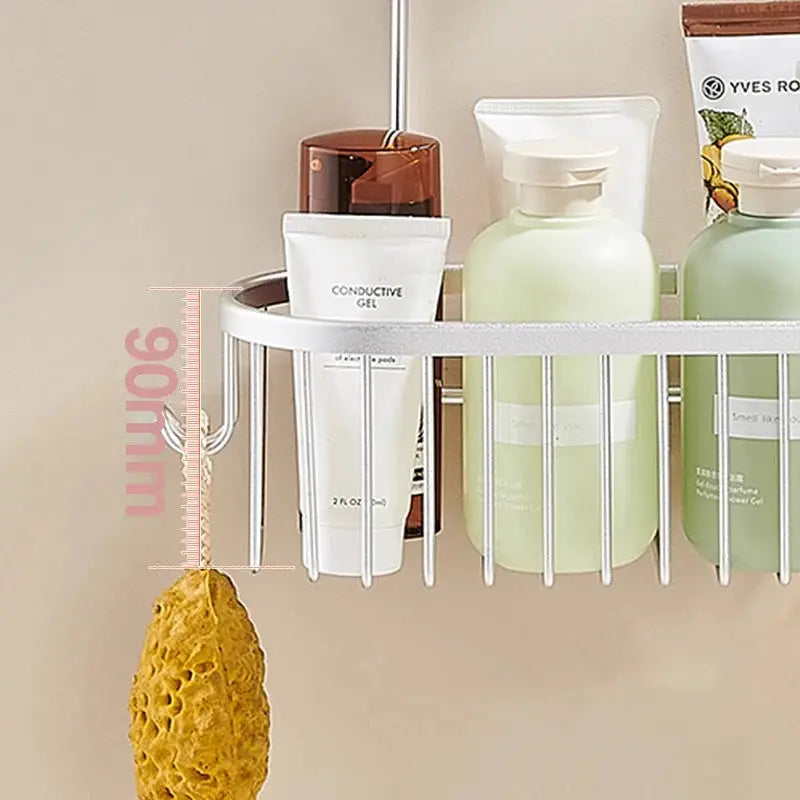 Shower caddy hanging organizer by Simples Market, white metal with hooks, holding several bottles.
