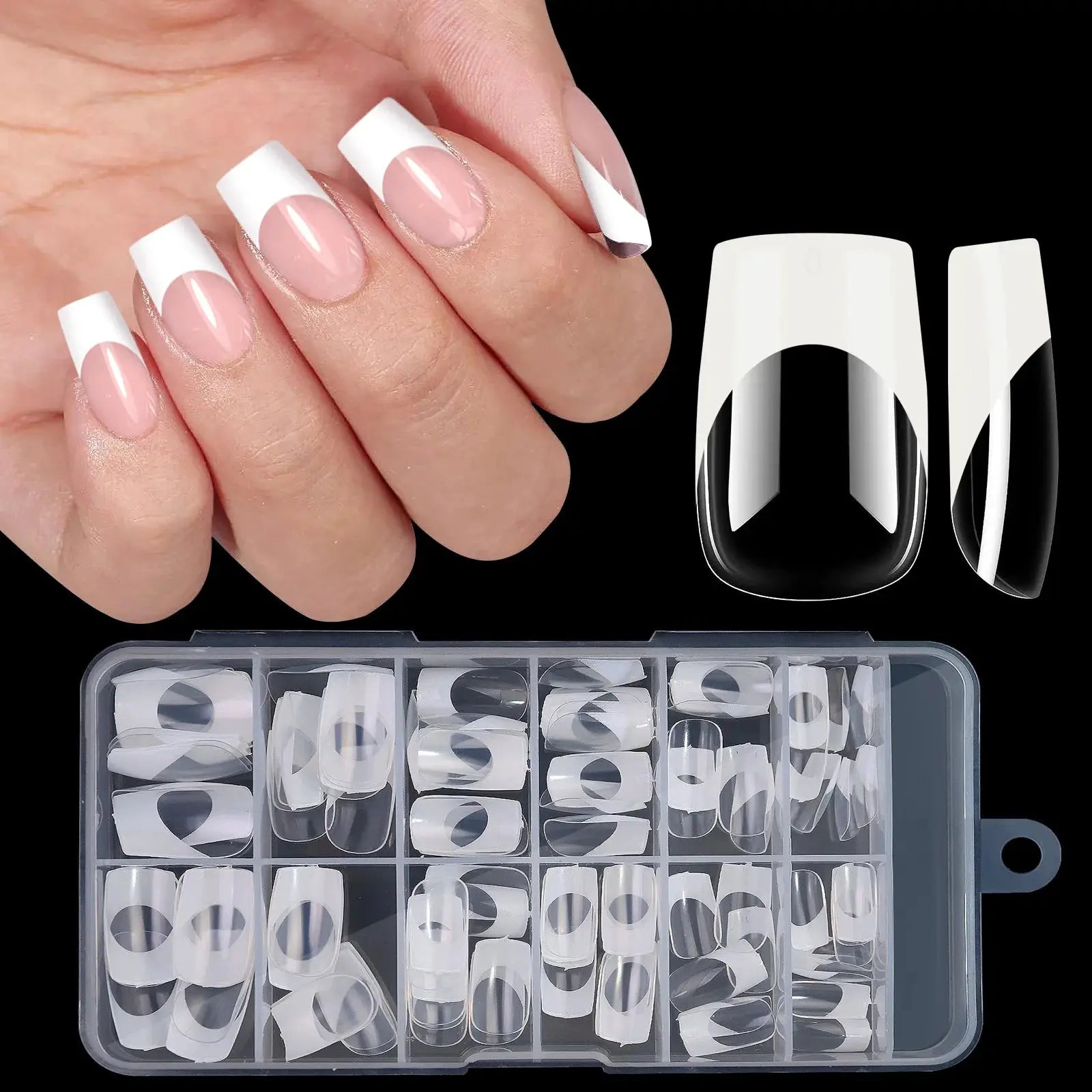 Armor Acrylic French False Nails 120 Piece Box Removable Mixed Size Press On Nails For Medium Length Square Full Cover