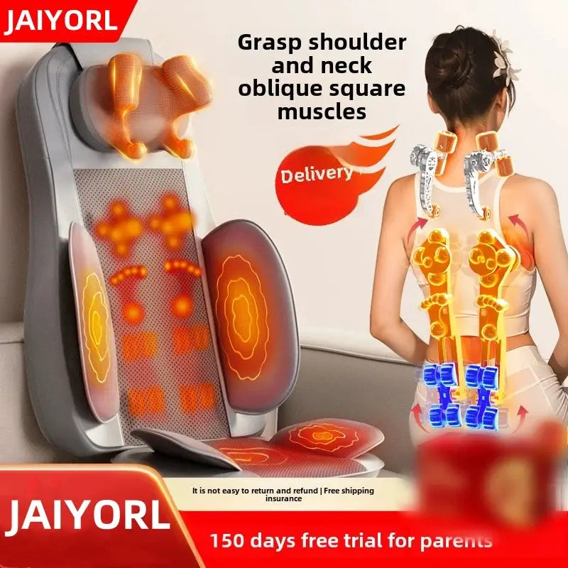 JAIYORL full-body electric massage chair with orange neck, back, waist and leg kneading shiatsu cushions.