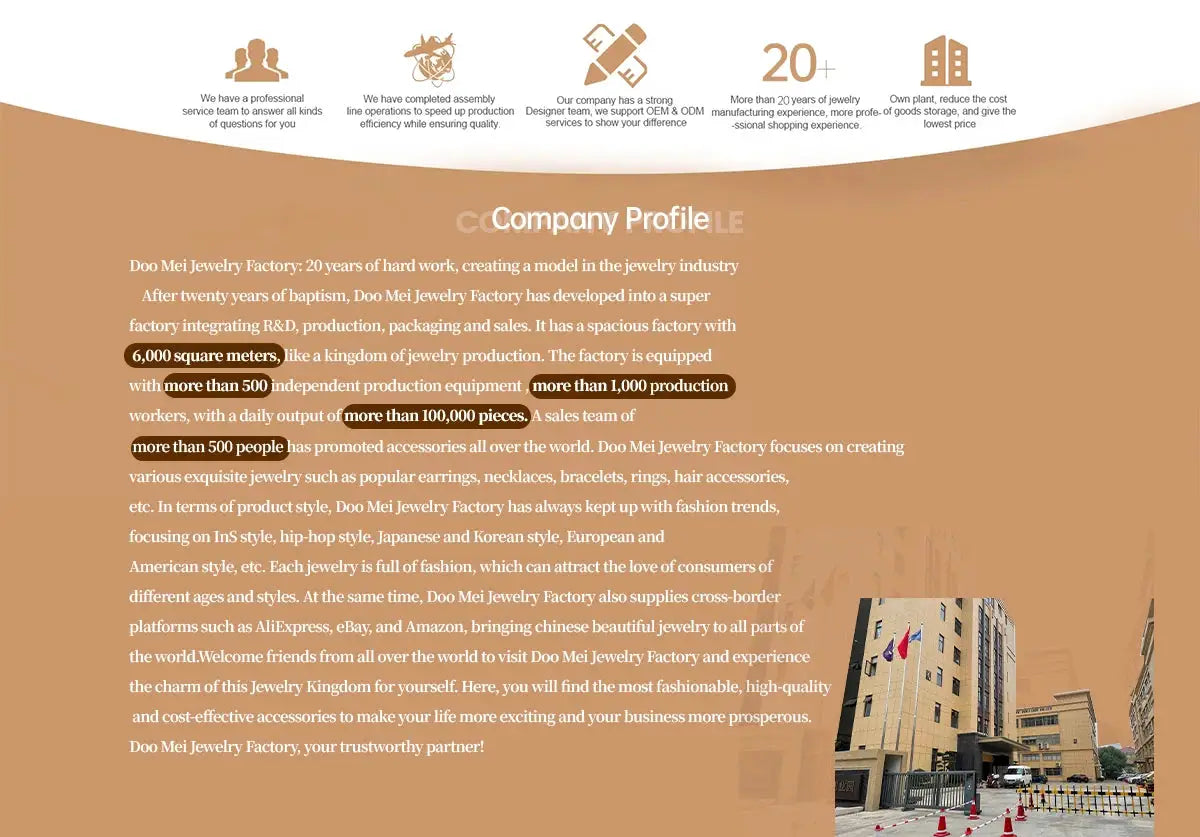 Company profile page featuring a tan curved header and a photo of a building with flags in the lower-right.