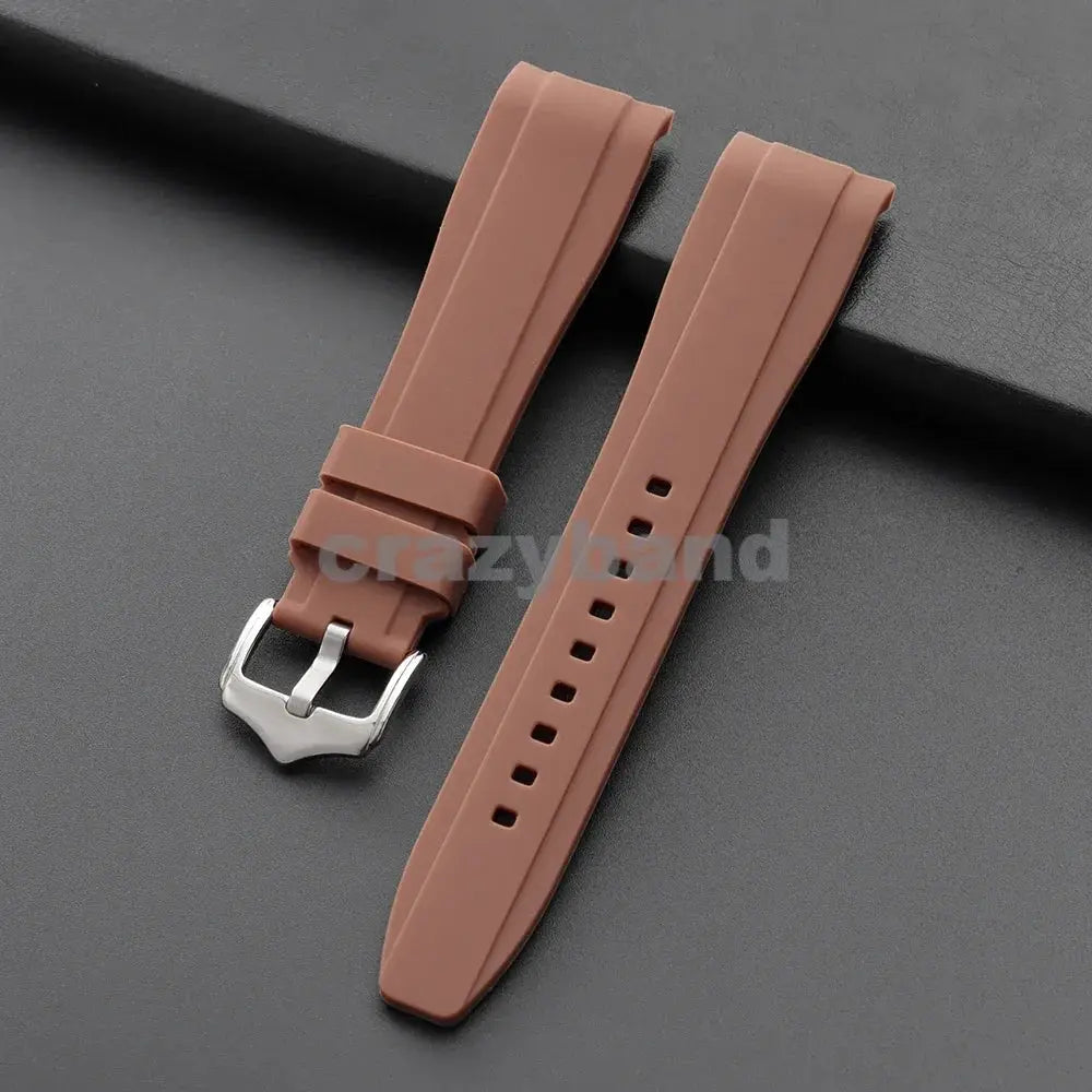 Silicone watch strap, two-piece rose-brown rubber band with silver buckle, 20/22mm curved-end