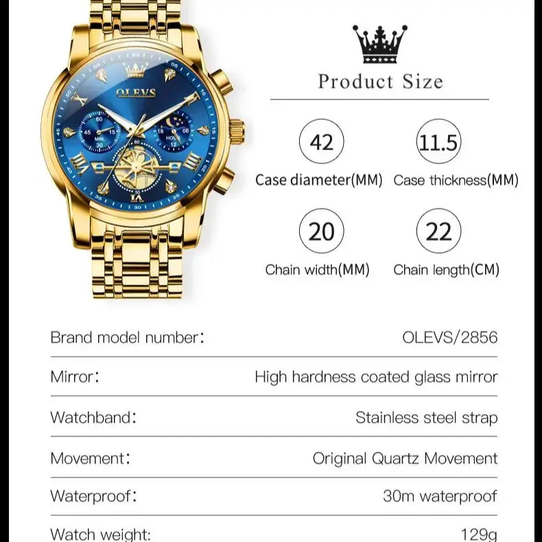 OLEVS luxury men's watch, gold-tone stainless steel with blue dial and Roman numerals