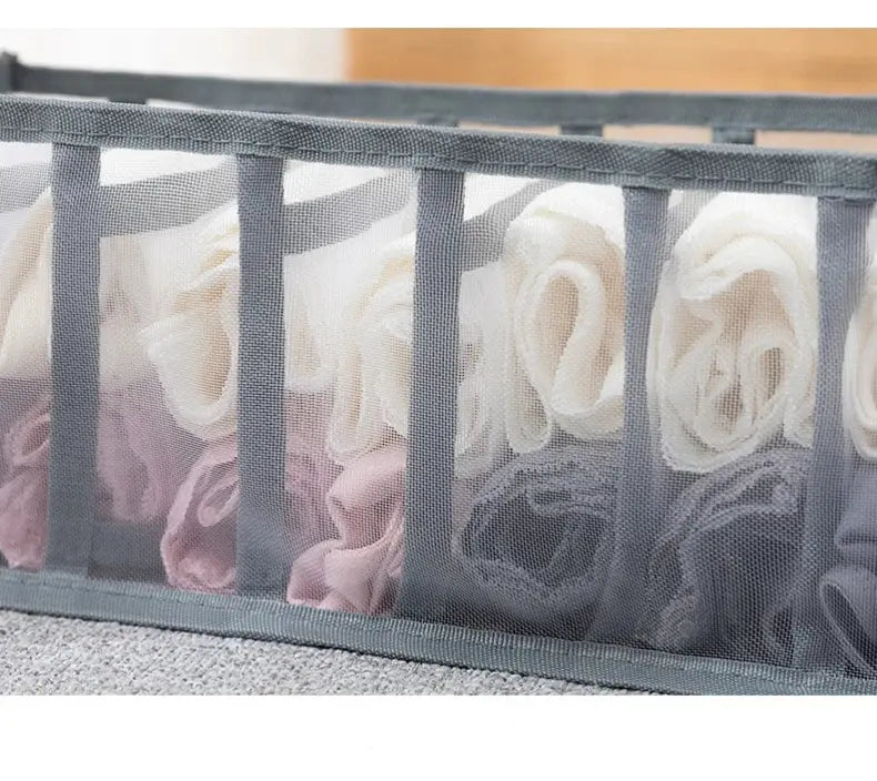 Simples Market gray mesh underwear and sock organizer, wardrobe divider with folded panties visible