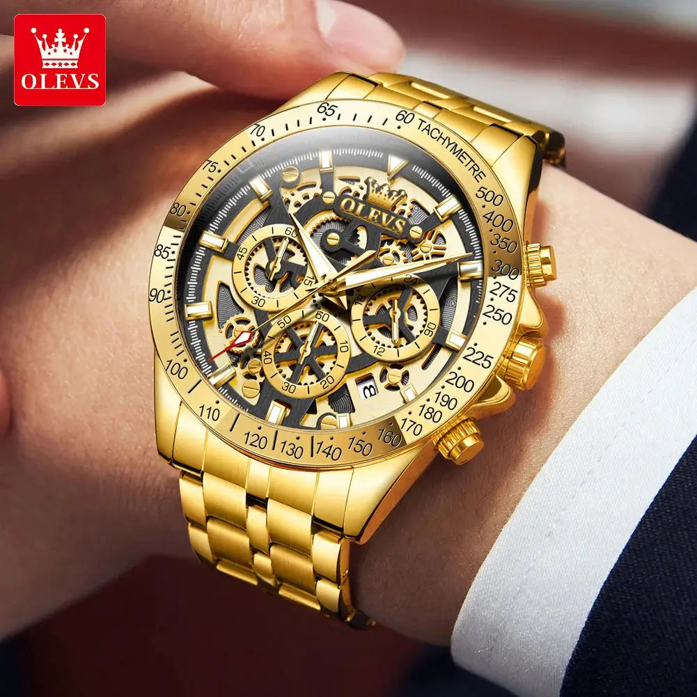 OLEVS gold men's skeleton chronograph watch with stainless steel band, waterproof and luminous