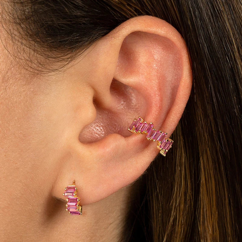 2-piece 925 sterling silver pink zircon earrings set: stud earring and curved ear climber