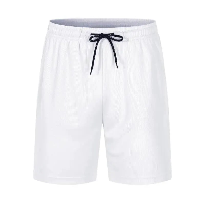 Men's white quick-dry polyester mesh shorts with black drawstring