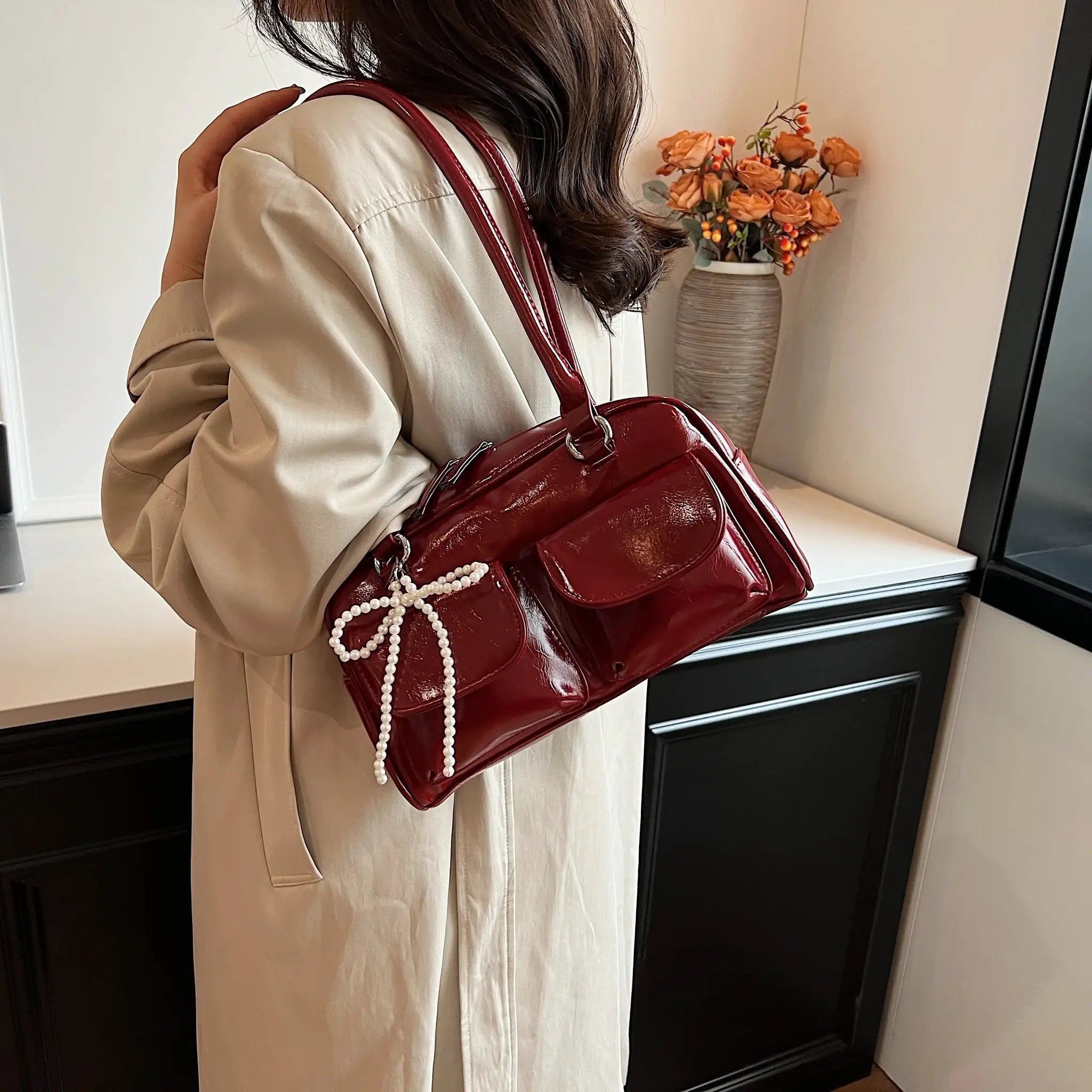 Korean Edition Underarm Bow Pillow Bag For Women PU Leather Shoulder Bag With Comfortable Pillow Shaped Design