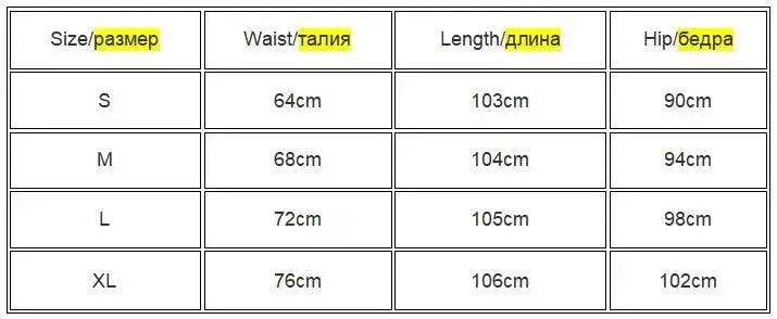 Satin black trumpet skirt size chart with waist, length and hip measurements for sizes S–XL (in cm).
