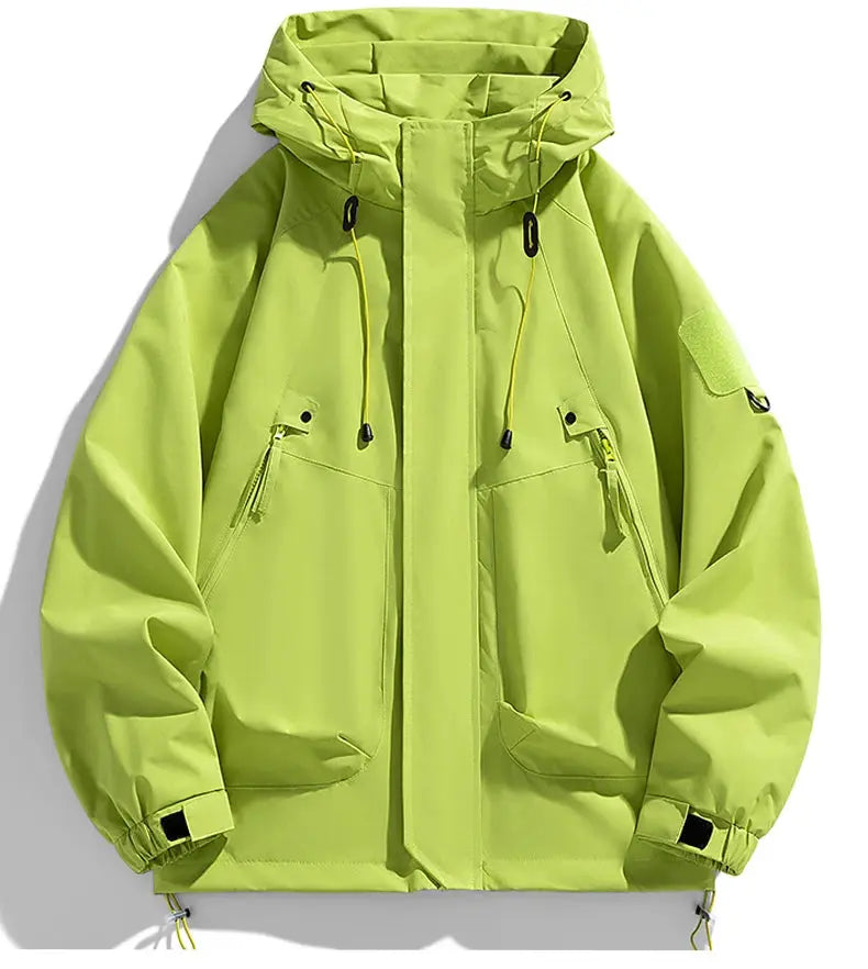 Men's lime green windbreaker jacket with hood, zip front, cargo pockets, and lightweight waterproof softshell.