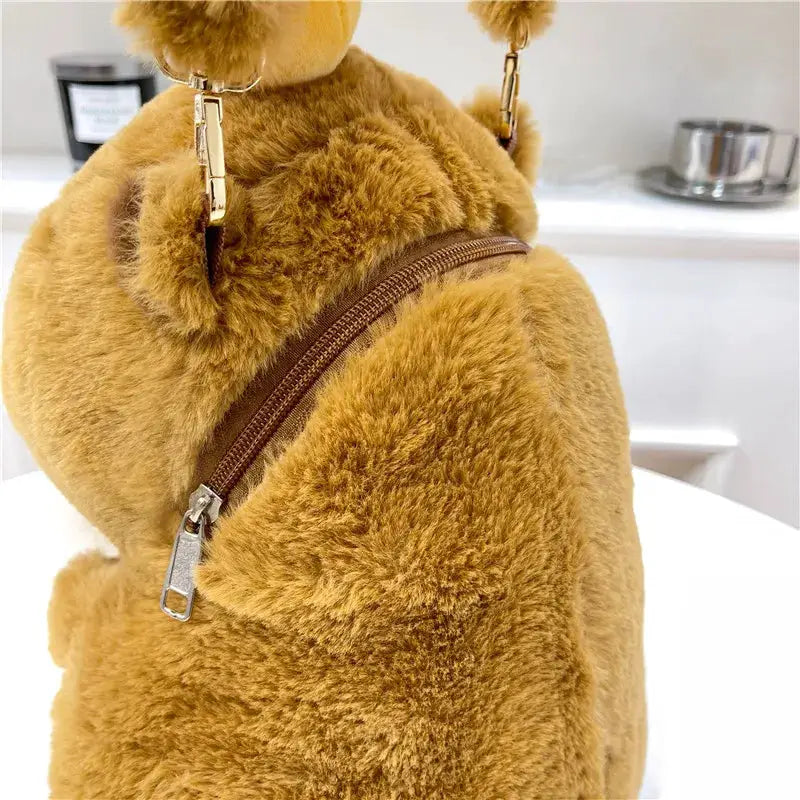 Cute plush capybara backpack in tan fur with brown zipper and crossbody strap