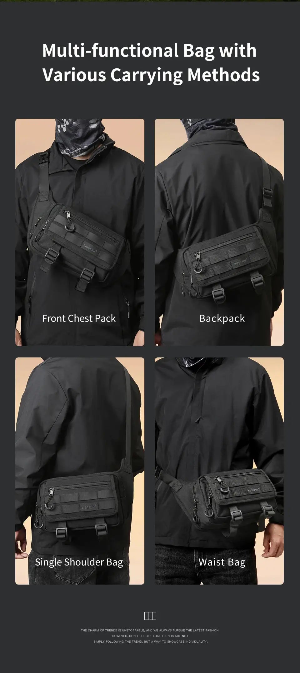 Tigernu black chest bag for men; versatile sling/waist crossbody carry pack.