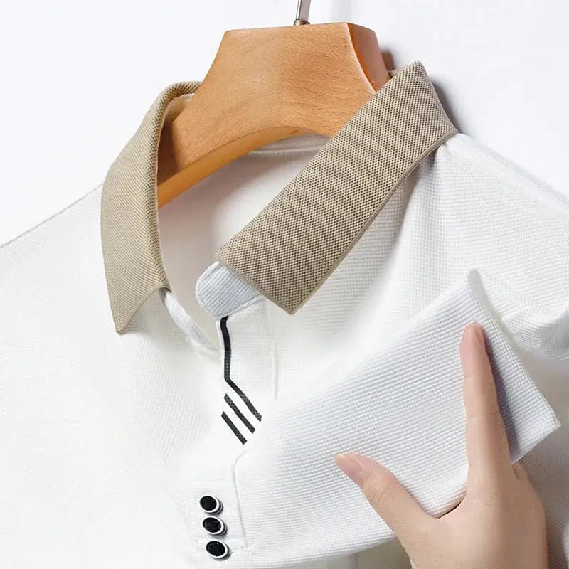 Men's short-sleeve polo shirt, white with beige collar, textured knit for casual or business wear