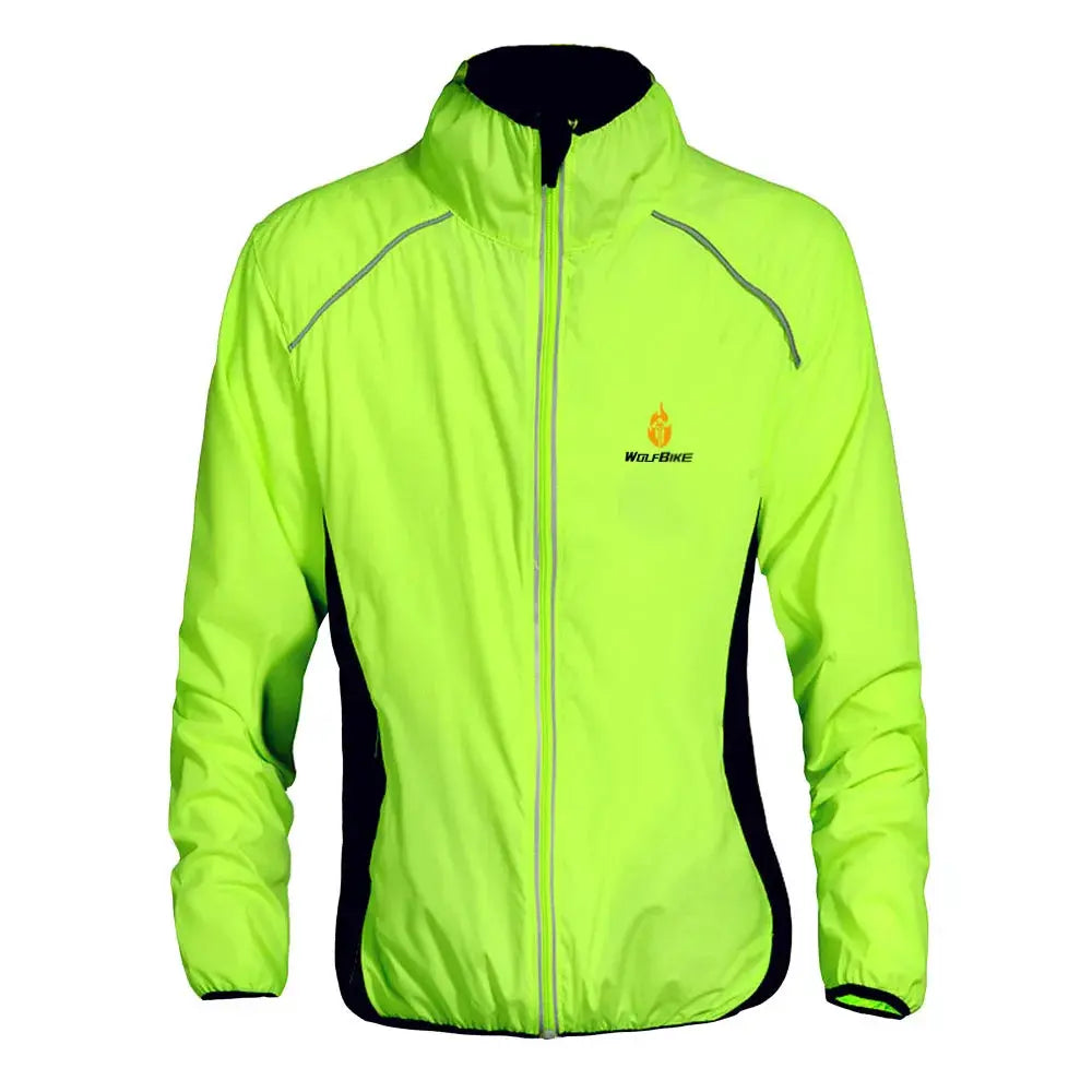 Wolfbike neon yellow windproof cycling jacket with reflective trim, full-zip front, long sleeves.