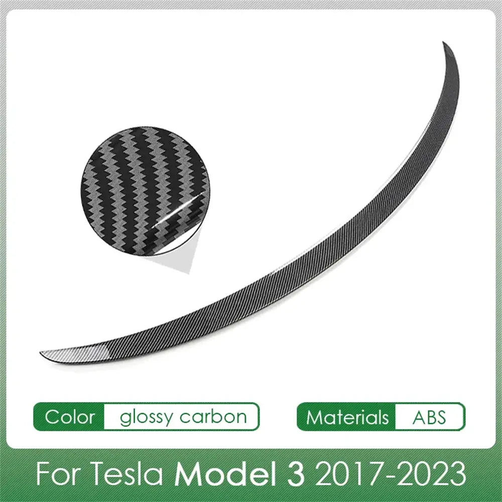 Simples Market rear spoiler for Tesla Model 3/Y, glossy carbon ABS, curved wing with carbon-fiber finish (2017-2023)