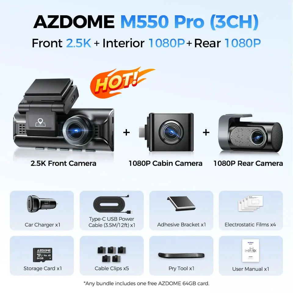 AZDOME M550 Pro dash cam bundle: 3-camera 4K front and 1080P cabin & rear cameras with charger, cables, card