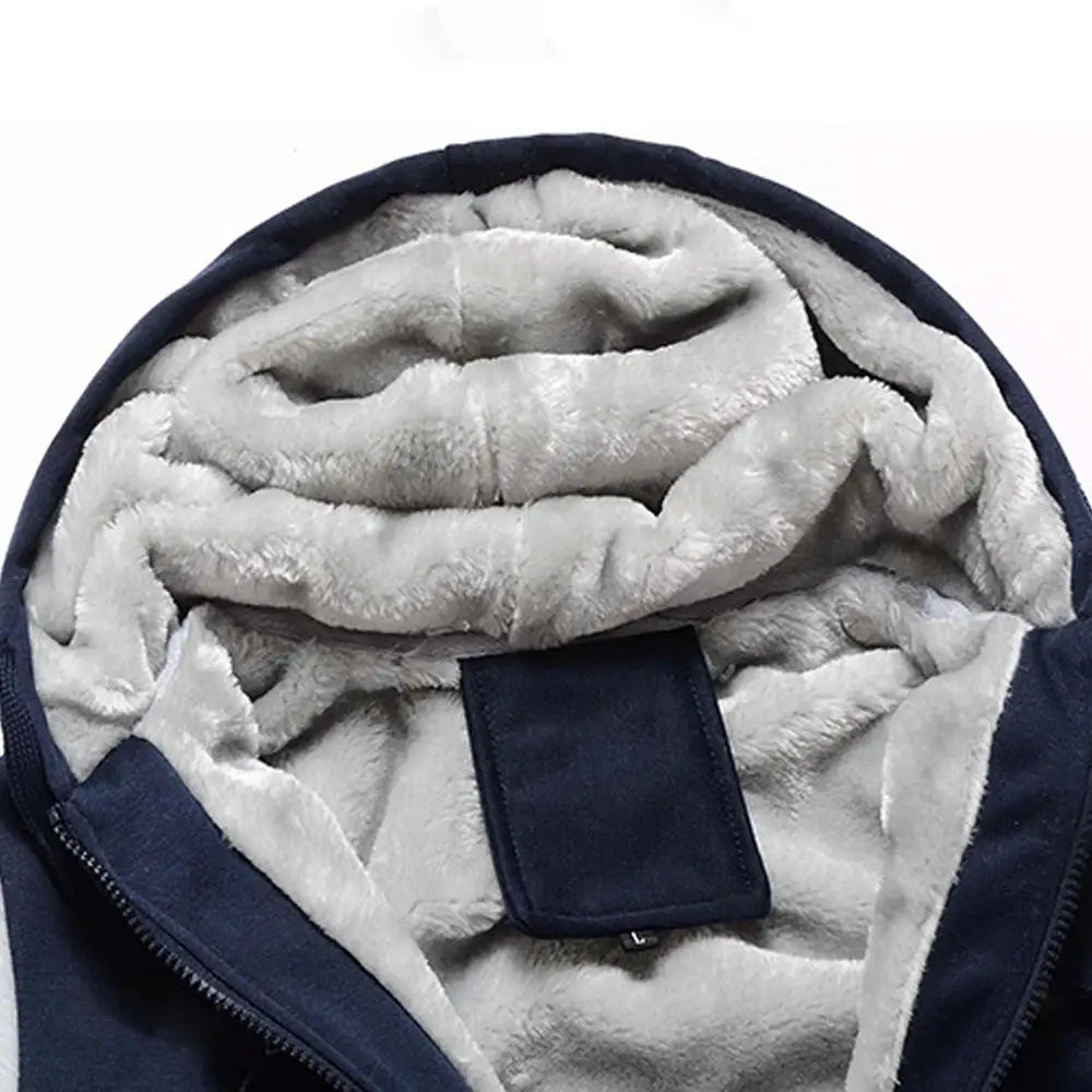 Men's navy hooded winter jacket with thick gray fleece lining and zipper closure