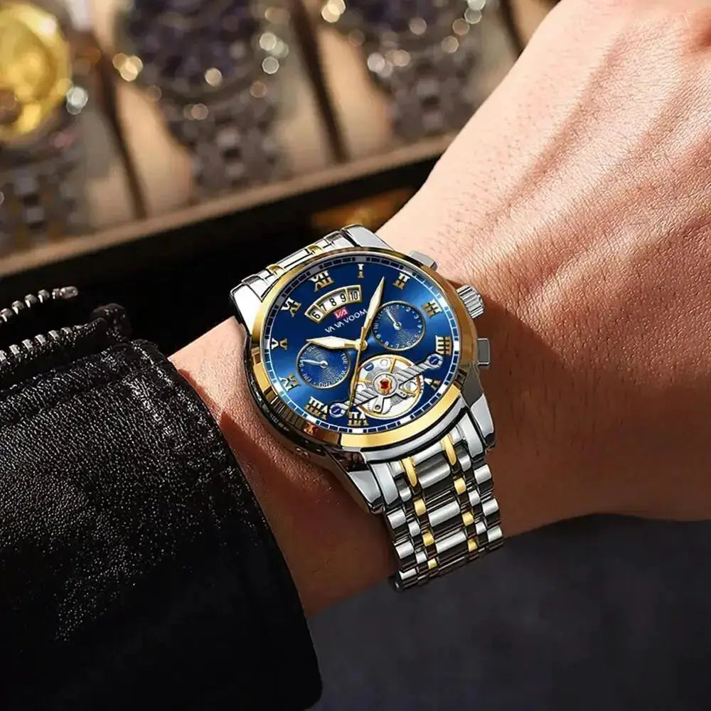 Men's luxury watch by Simples Market with blue dial and two-tone stainless steel bracelet