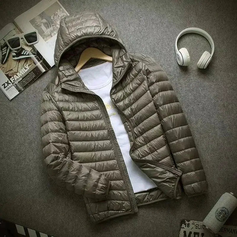 Men's ultralight down jacket with hood, olive-gray quilted puffer coat with front zip