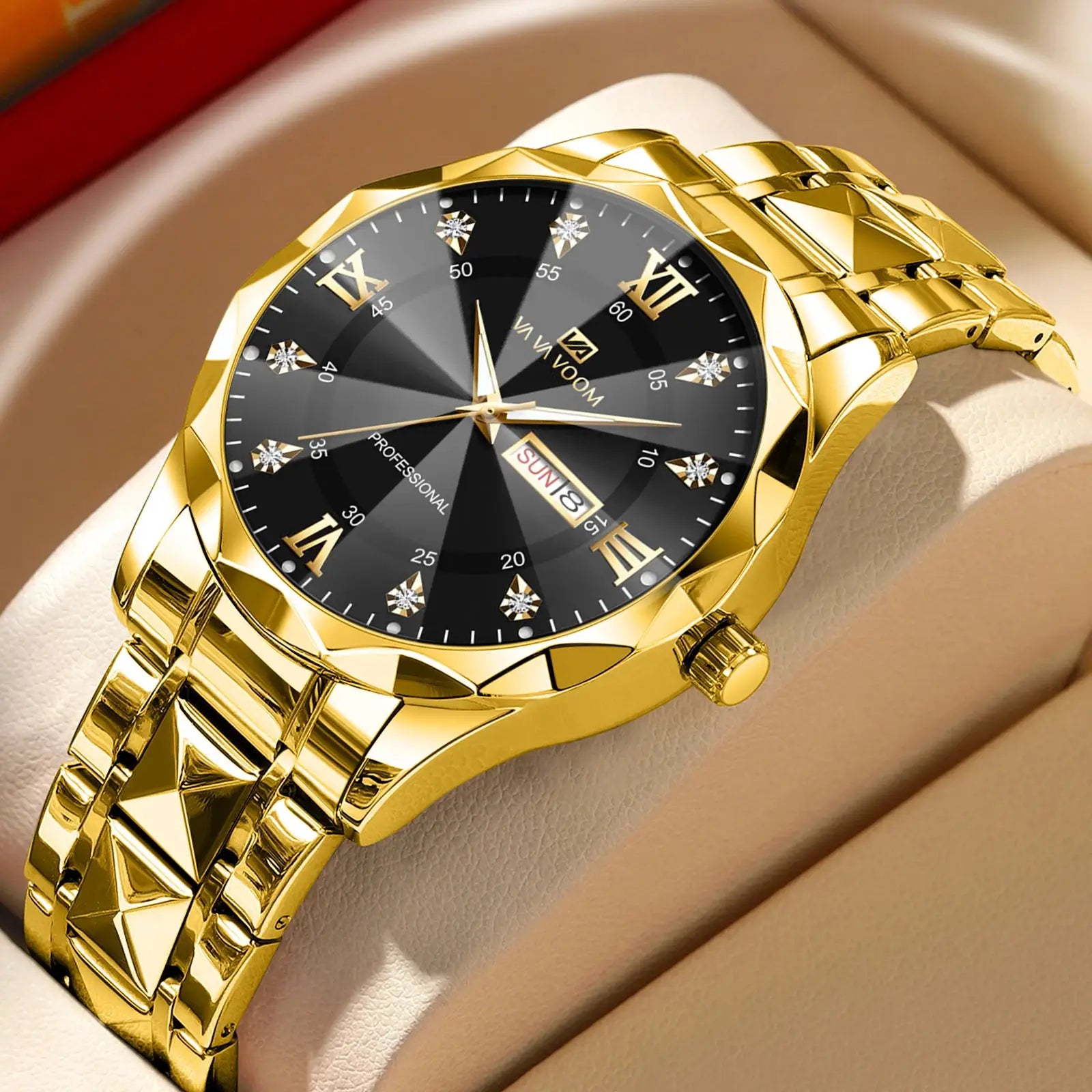 LuxeTime Mens Watch Diamond Luxury Double Calendar Quartz Movement 41mm Blue Gold Stainless Steel Night Glow
