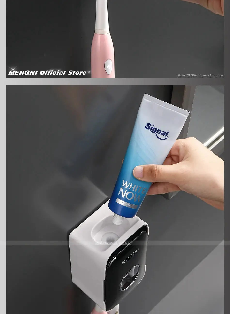 MENGNI toothpaste dispenser and wall-mounted toothbrush holder in white; manual operation, Simples Market