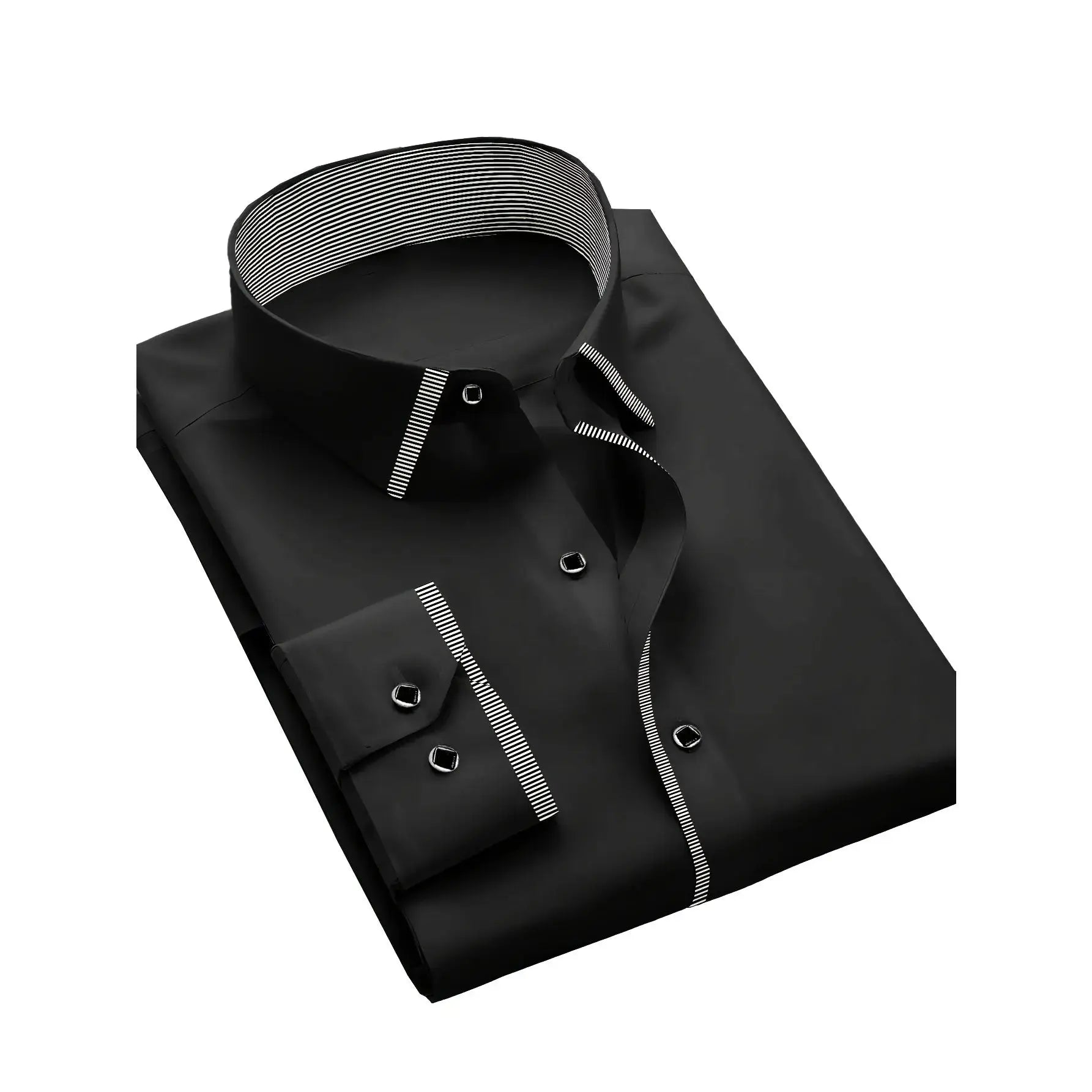 Black men's long-sleeve shirt with white striped trim on collar, cuffs, and placket.