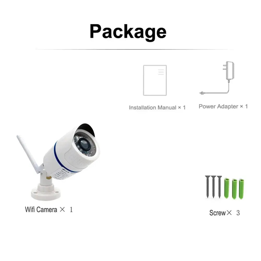 White Wi-Fi CCTV camera kit with 1 camera, 1 installation manual, 1 power adapter and 3 screws