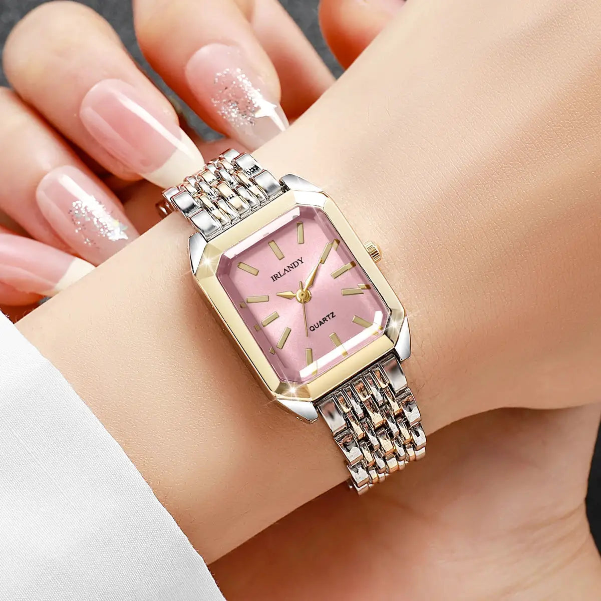 Watch IRLANDY rectangle ladies quartz wrist watch with pink dial and two-tone steel strap