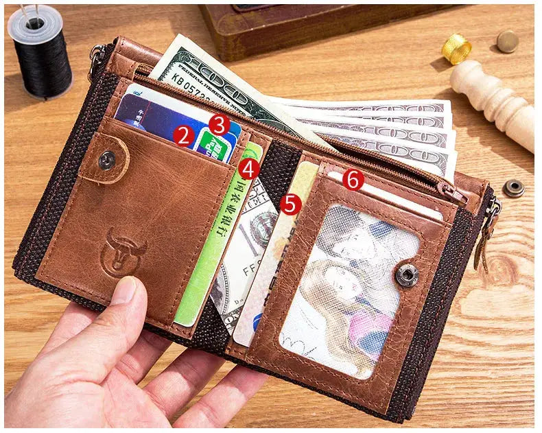 BULLCAPTAIN retro leather men's wallet with card slots, ID window and zippered coin pocket, brown