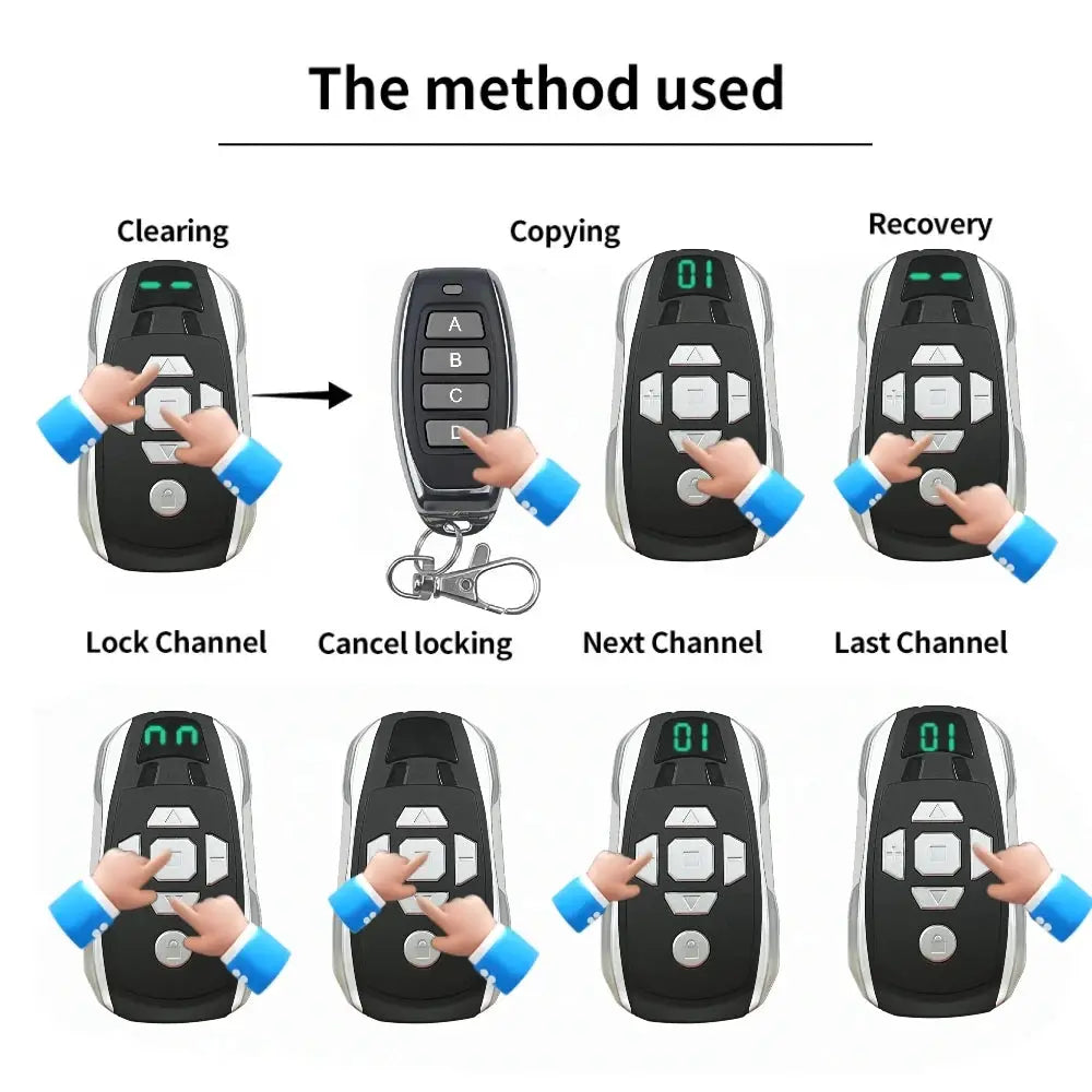 20-channel rechargeable key duplicator remote, black with silver trim, Simples Market diagram (clearing, copying)