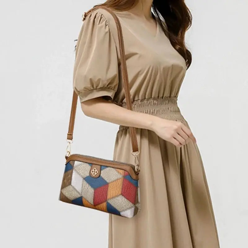 Patchwork crossbody bag by Simples Market, small ethnic color-block design with brown strap