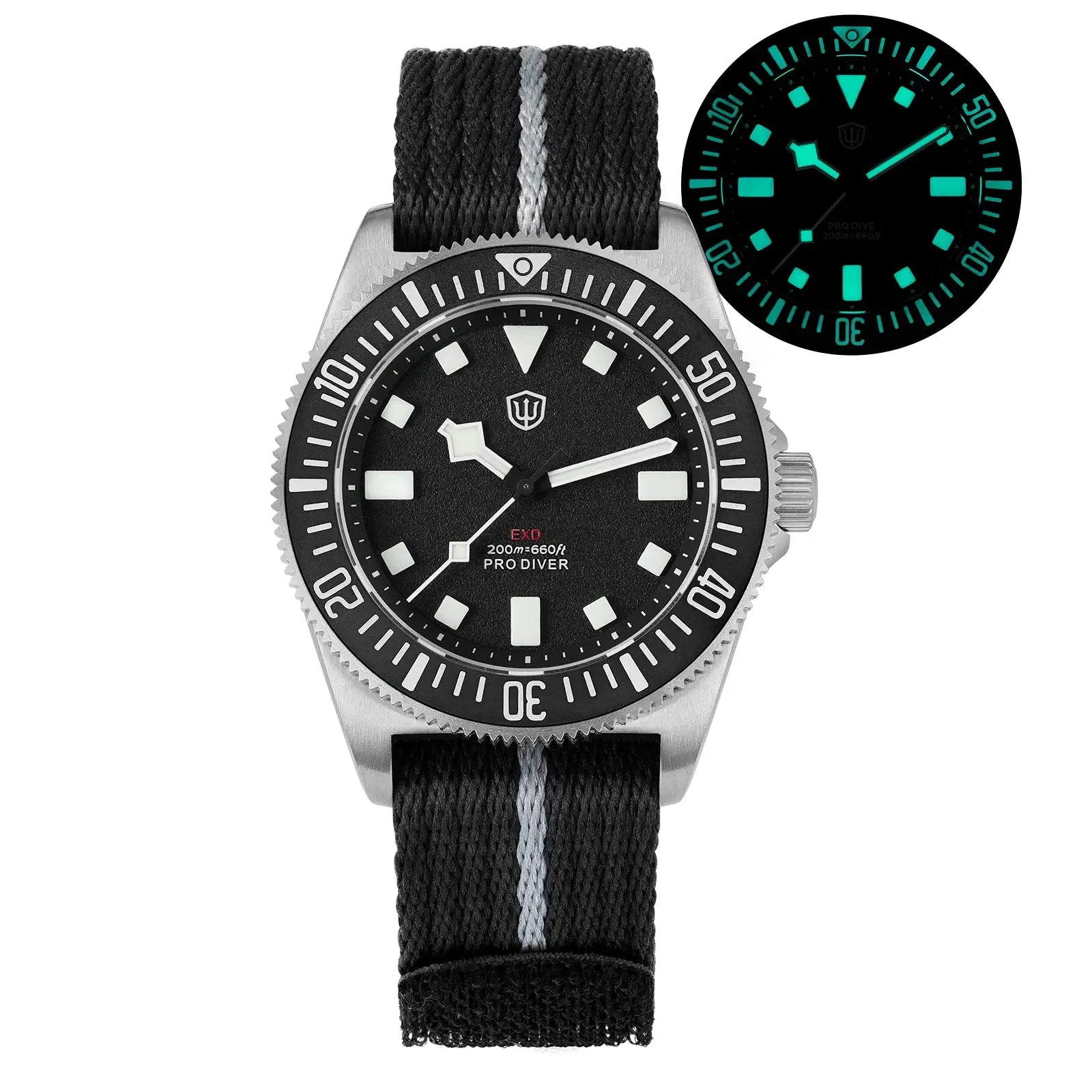 Watchdives EXD 40mm titanium dive watch for men with black dial, luminescent hands, and fabric strap