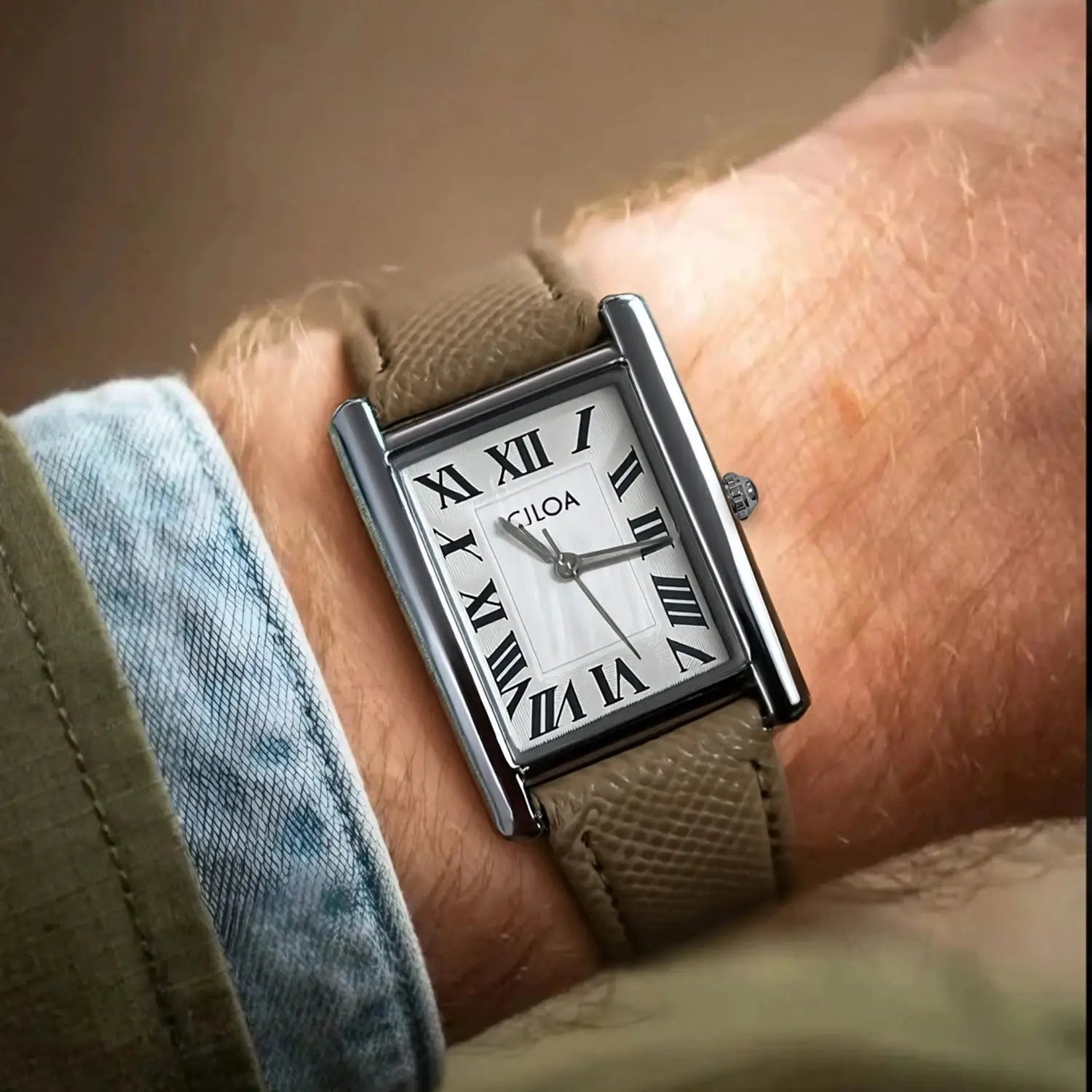 CILOA men's luxury retro square watch with gold-tone case, cream dial, brown leather strap