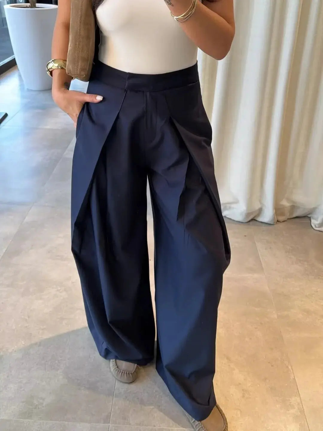 NovaWear Womens Pleated Loose Wide Leg Pants Military Green Casual Fashion Versatile All Seasons Comfort