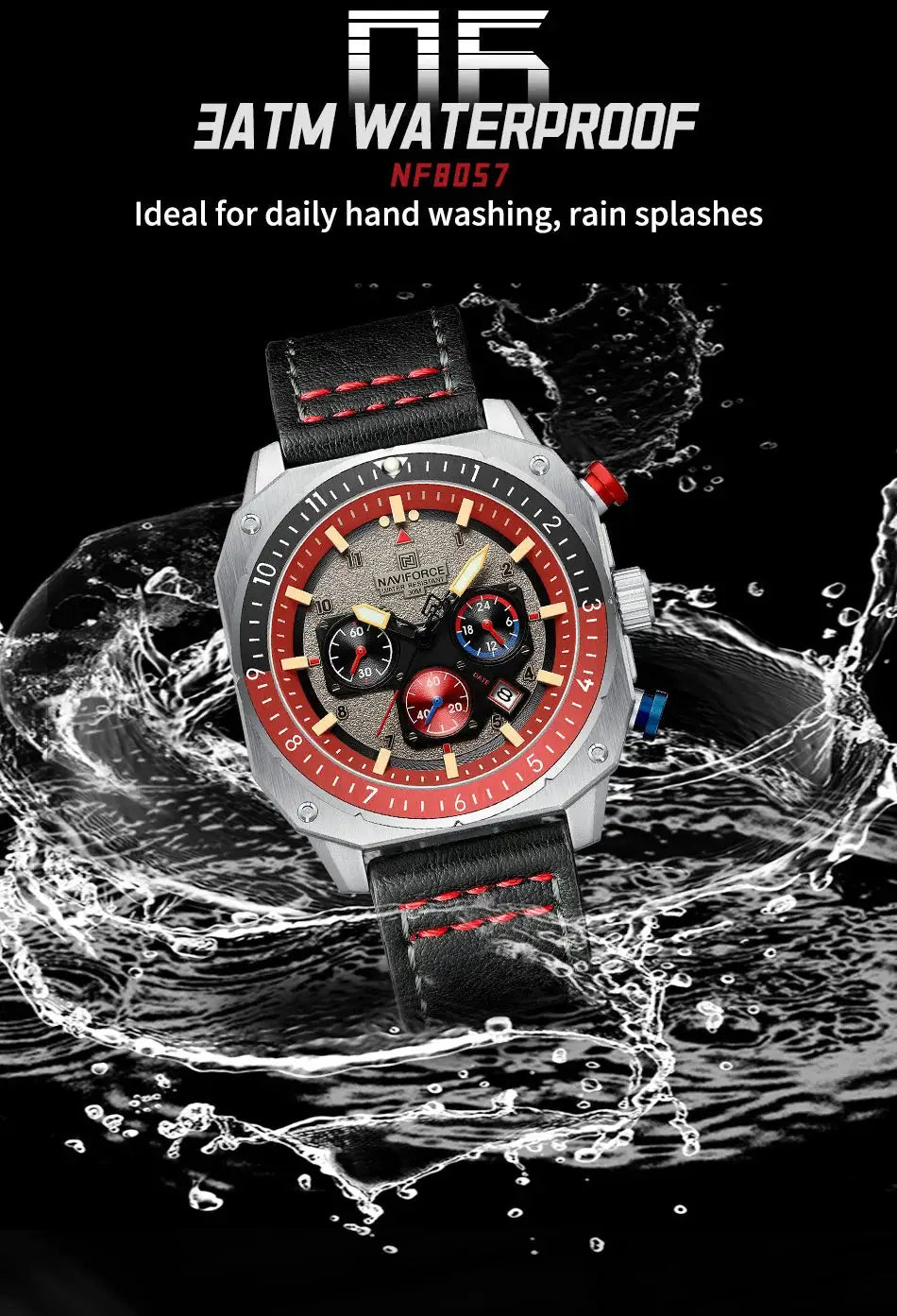 NAVIFORCE men's multifunction waterproof chronograph watch with black leather strap and red bezel, luminous dial