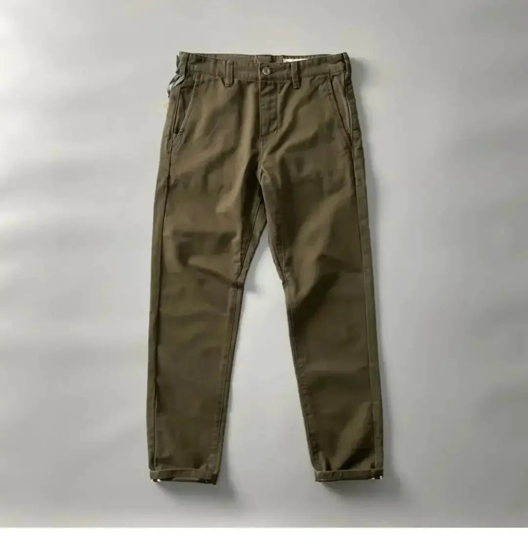 Men's olive cotton cargo pants, heavy-duty, straight-leg with front pockets.