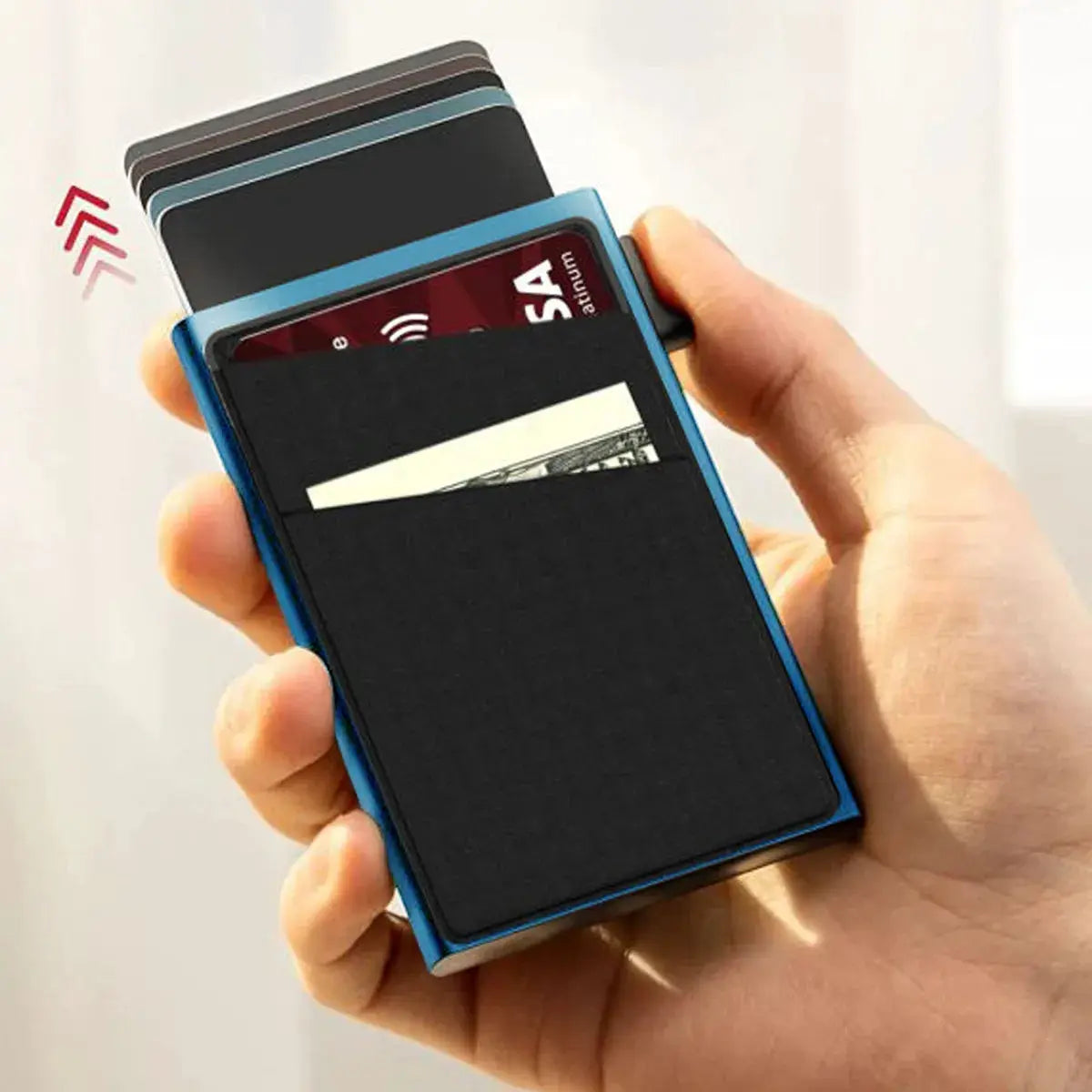 Simples Market anti-theft card holder wallet with RFID protection in blue aluminum case holding multiple cards
