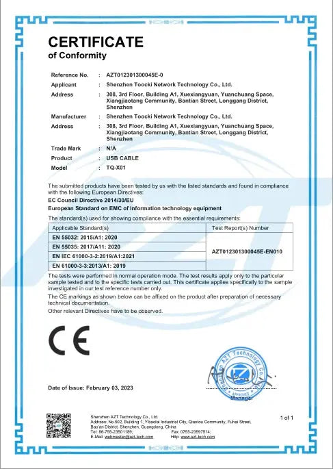 Certificate of Conformity for USB-C cable with blue border and CE marks.