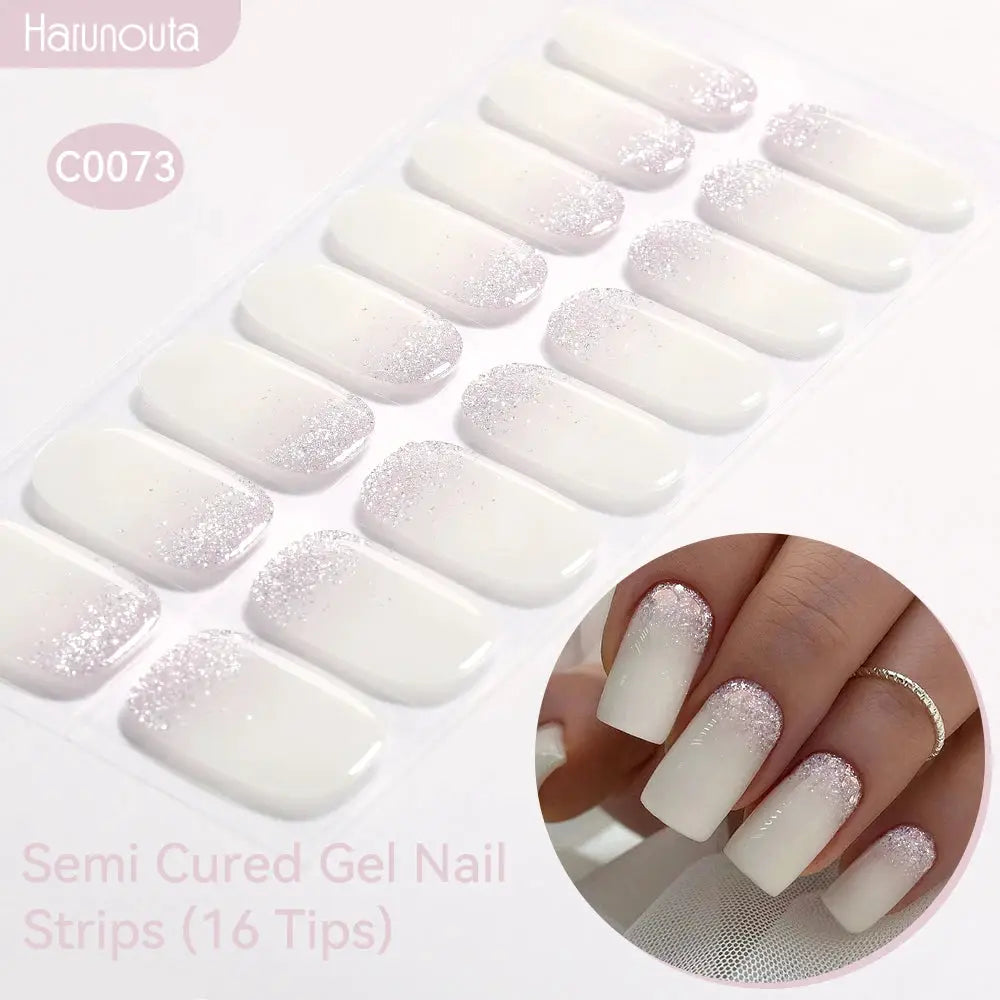Simples Market gradient auroras semi-cured gel nail strips with glitter tips, 16-tip set for UV/LED lamps