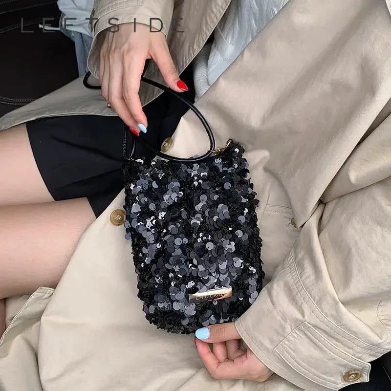 LEFTSIDE mini sequins shoulder bag, black sequin exterior with top-handle design