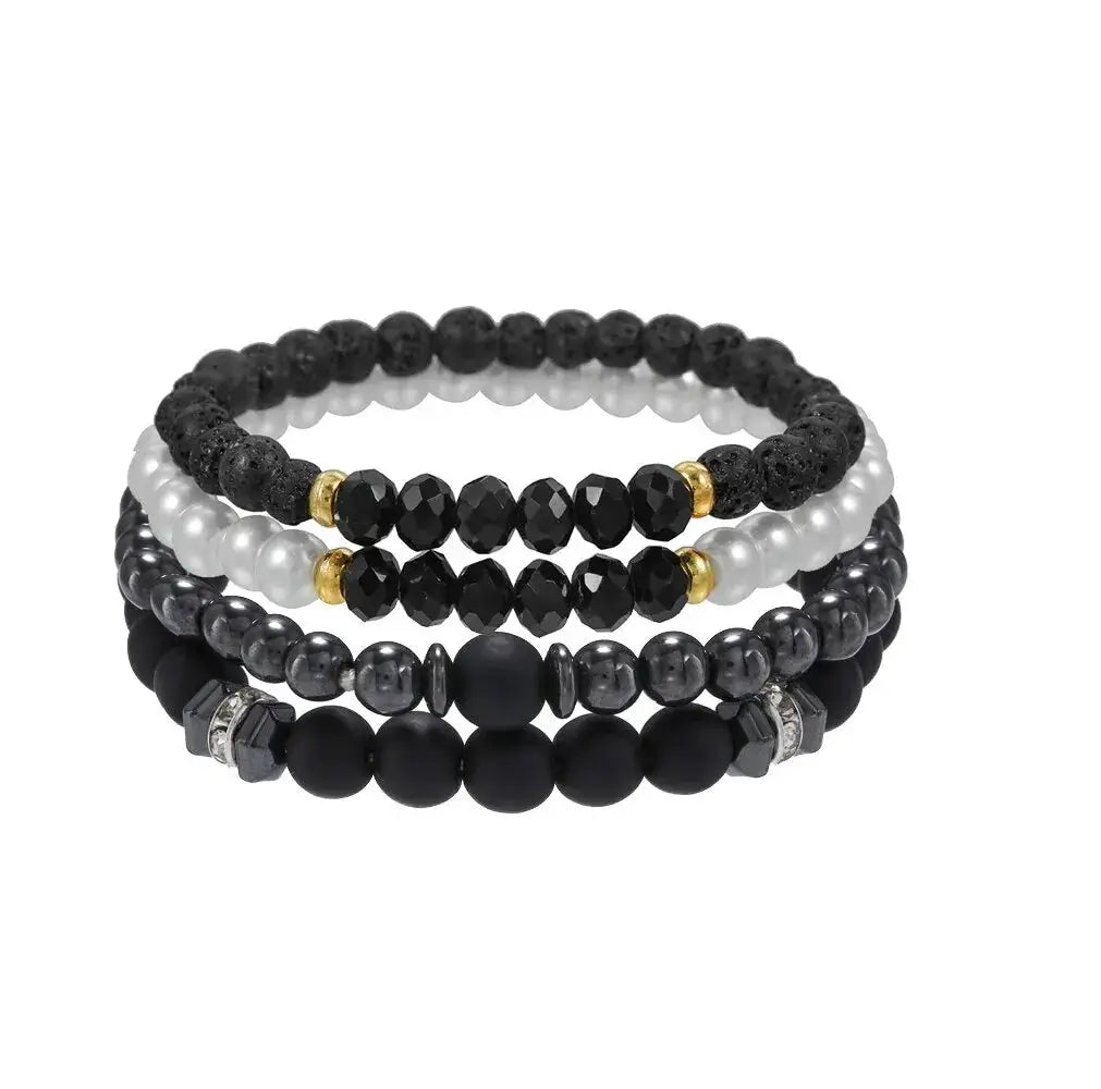 4 Piece Set Black Gall Stone Volcanic Stone And Wood Bead MultiLayer Elastic Bracelets For Men Couples Friends Jewelry